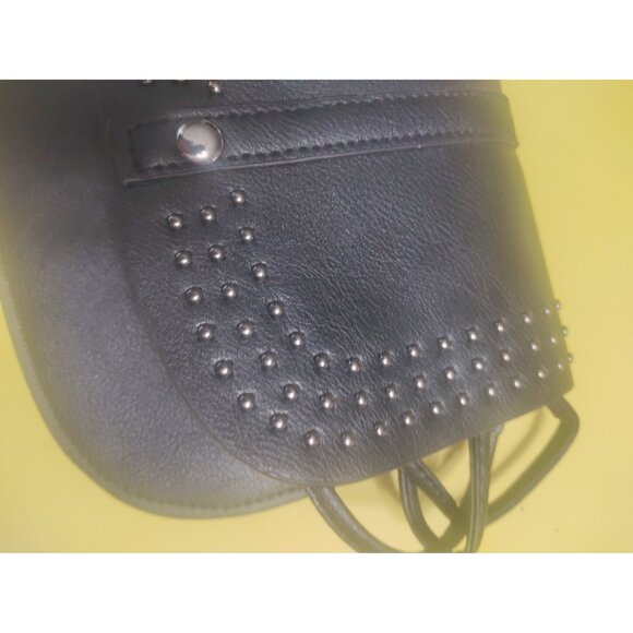 Black Leather sling bag with metal beading, has a button closure 8" x 7" - Picture 8 of 11